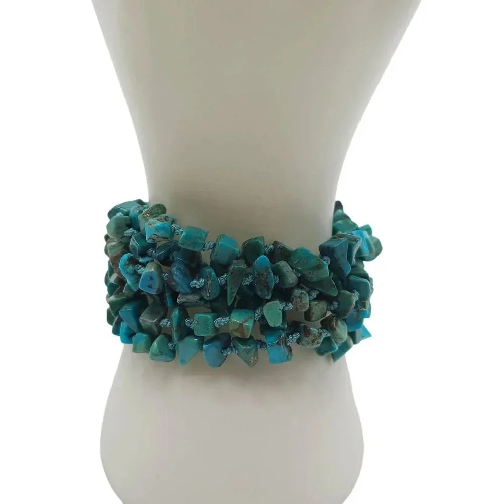 Blue Turquoise Chips Multi Strand Bangle Bracelet Toggle Closure Vintage